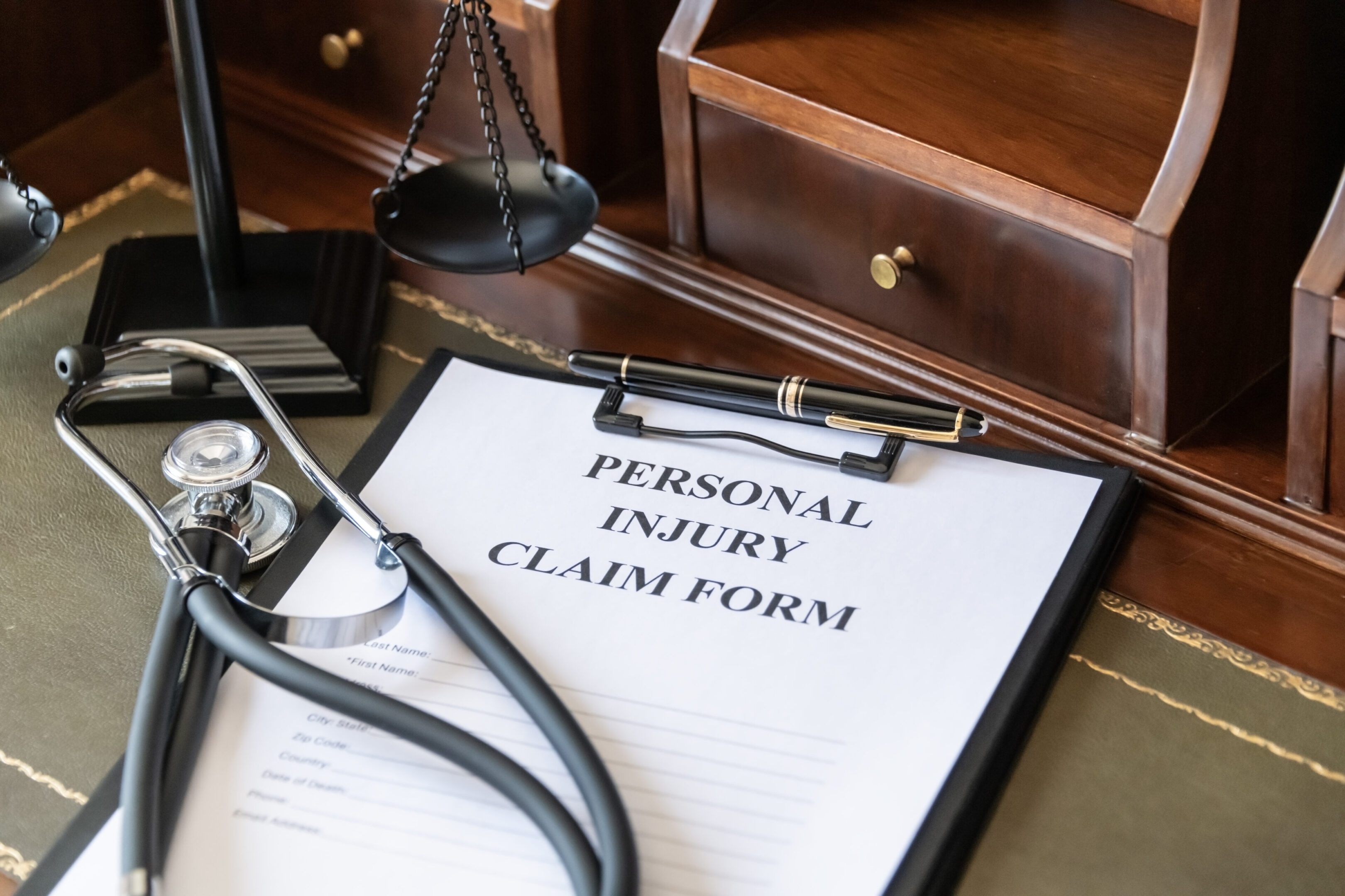 Injury claim paperwork beside stethoscope
