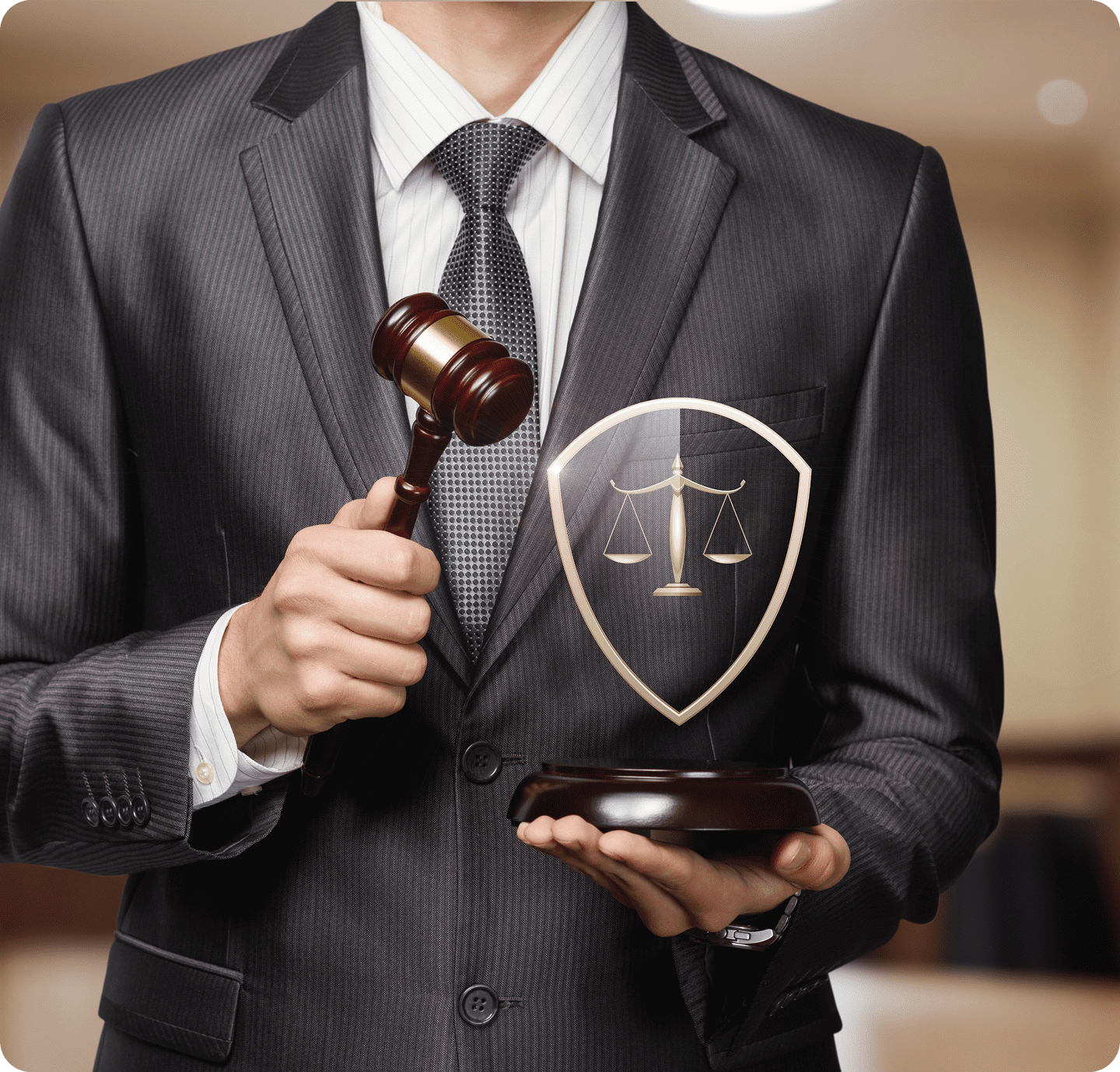 Man holding gavel and justice symbol