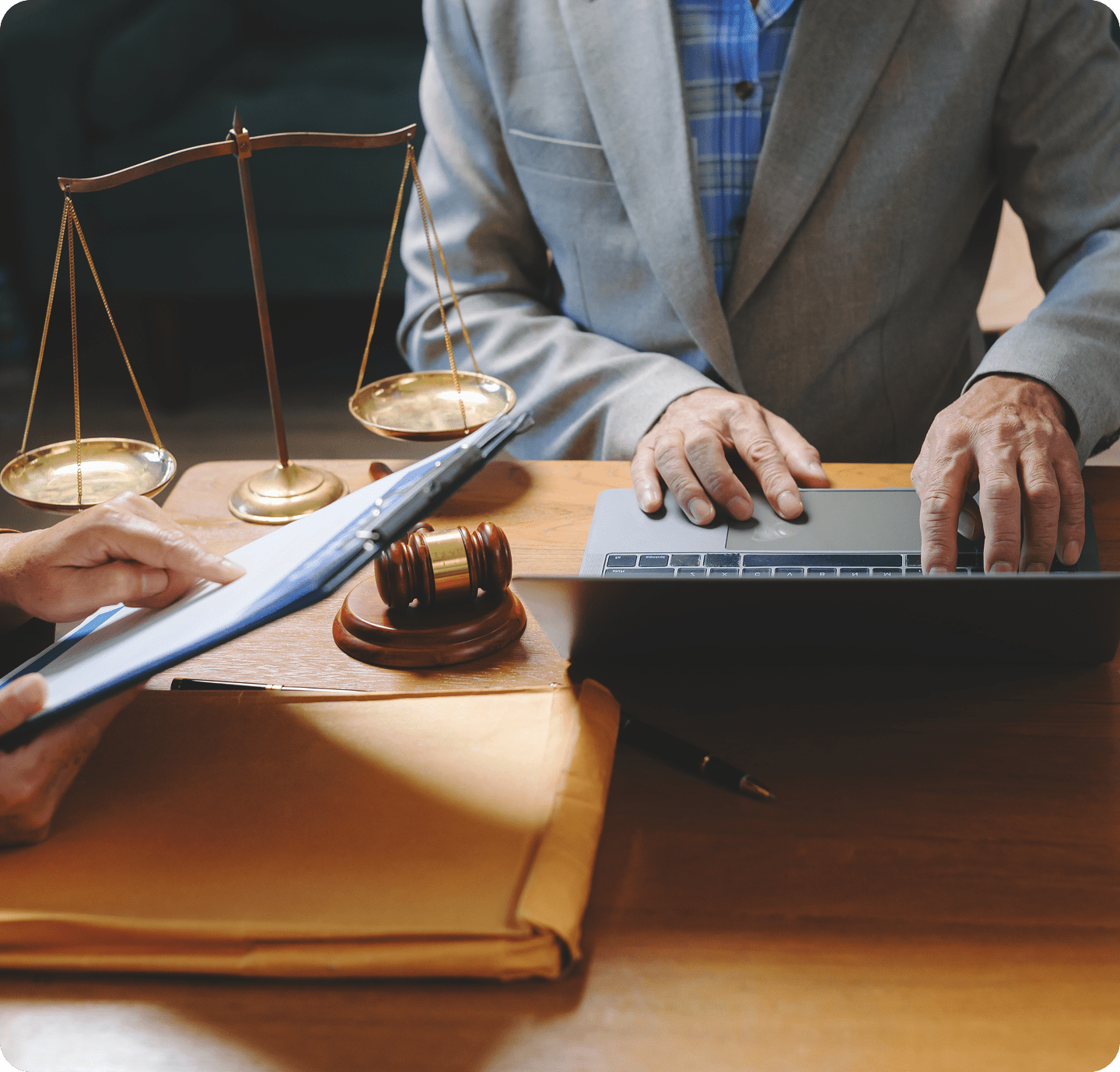 Professional meeting with scales of justice