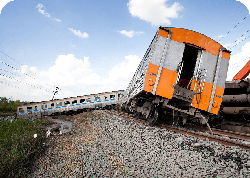 Train derailment with tilted carriages