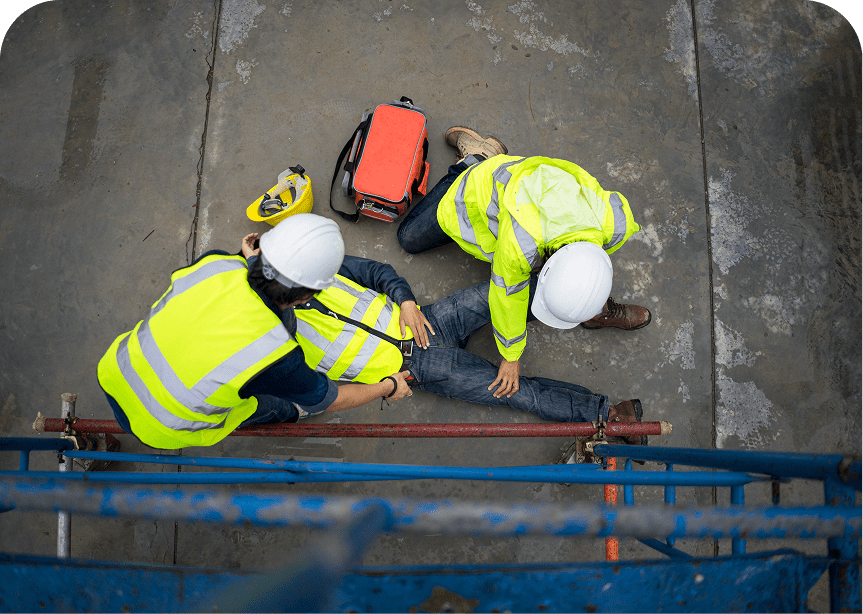 Workers attend to accident victim on ground.
