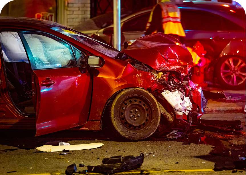 Damaged vehicle after nighttime collision