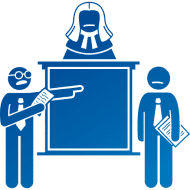 Courtroom icon: lawyers presenting case to judge