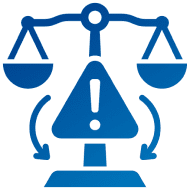 Blue scales of justice with warning triangle