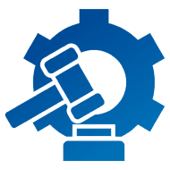 Blue gavel over blue gear icon