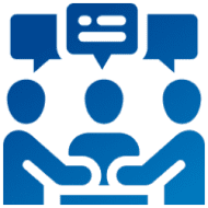 Three people meeting with speech bubbles