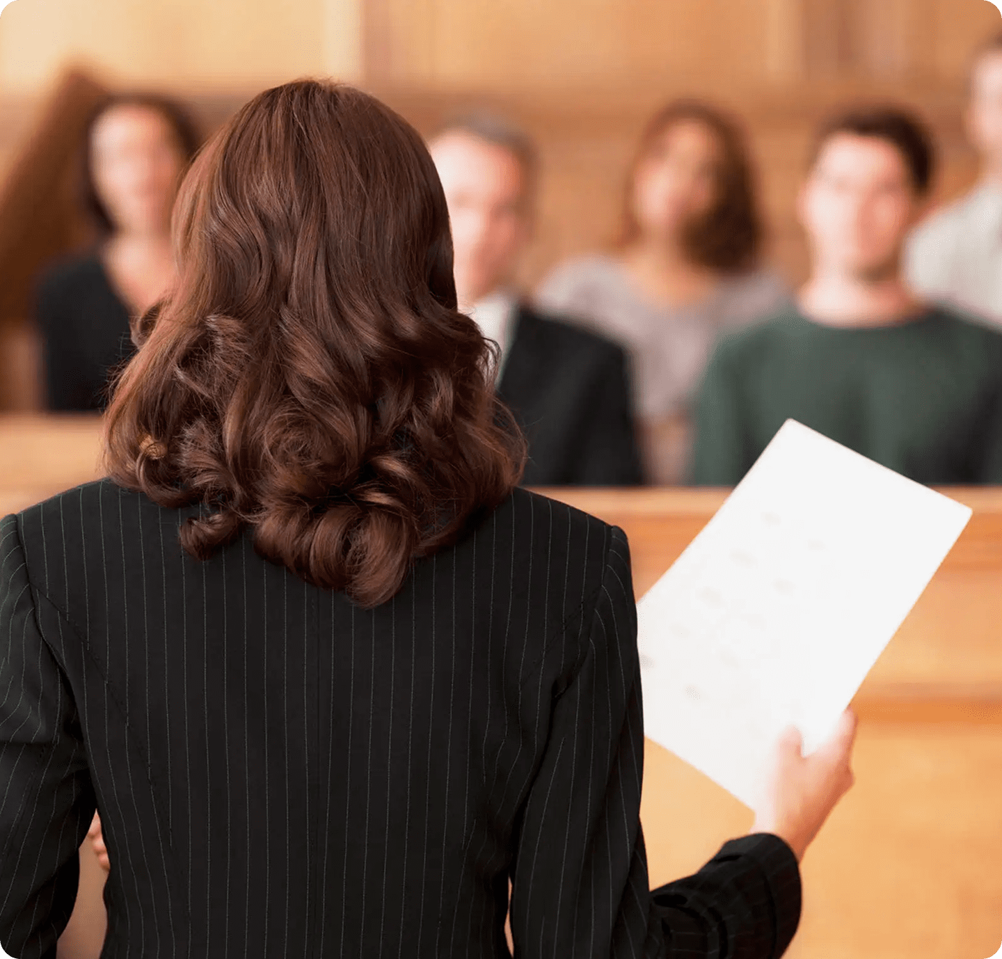Lawyer addressing jury in courtroom